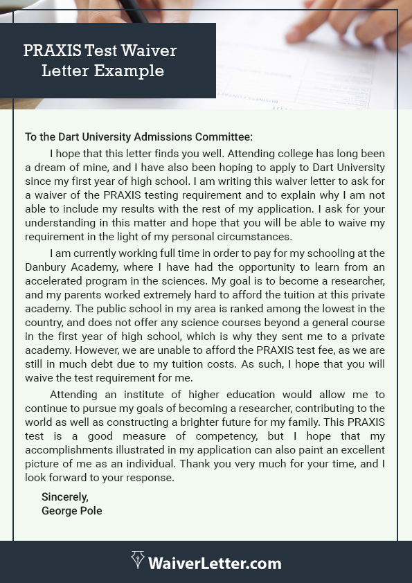 professional praxis test waiver letter example professional praxis test waiver letter example