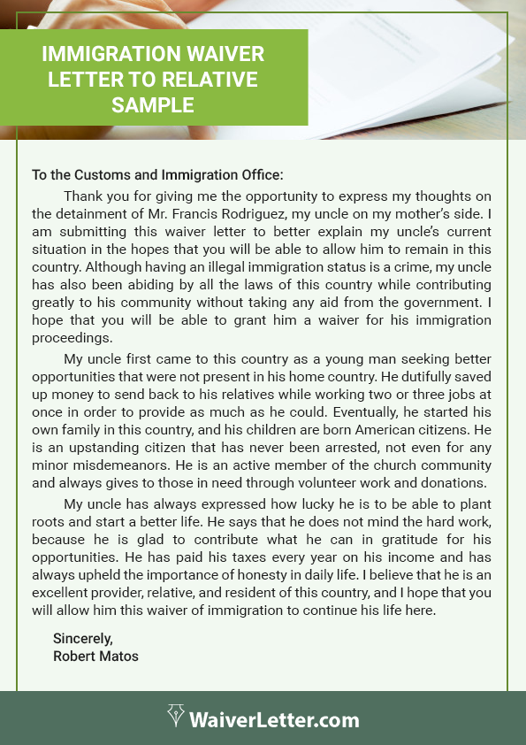 professional immigration waiver letter to relative sample professional immigration waiver letter to relative sample