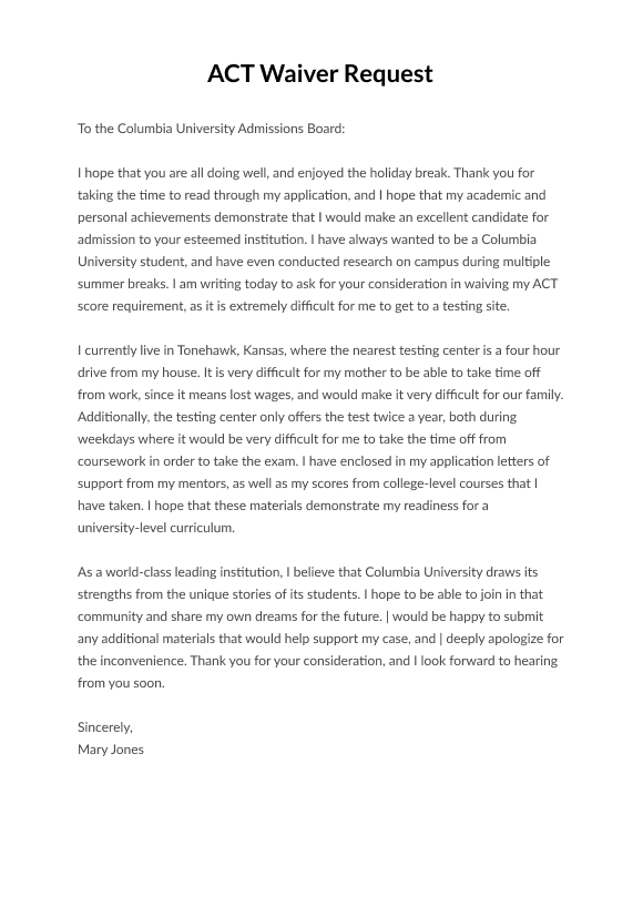 ACT Fee Waiver Letter for College Students