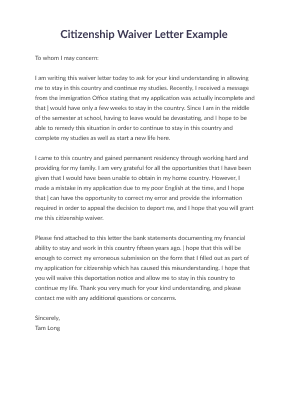 citizenship fee waiver letter
